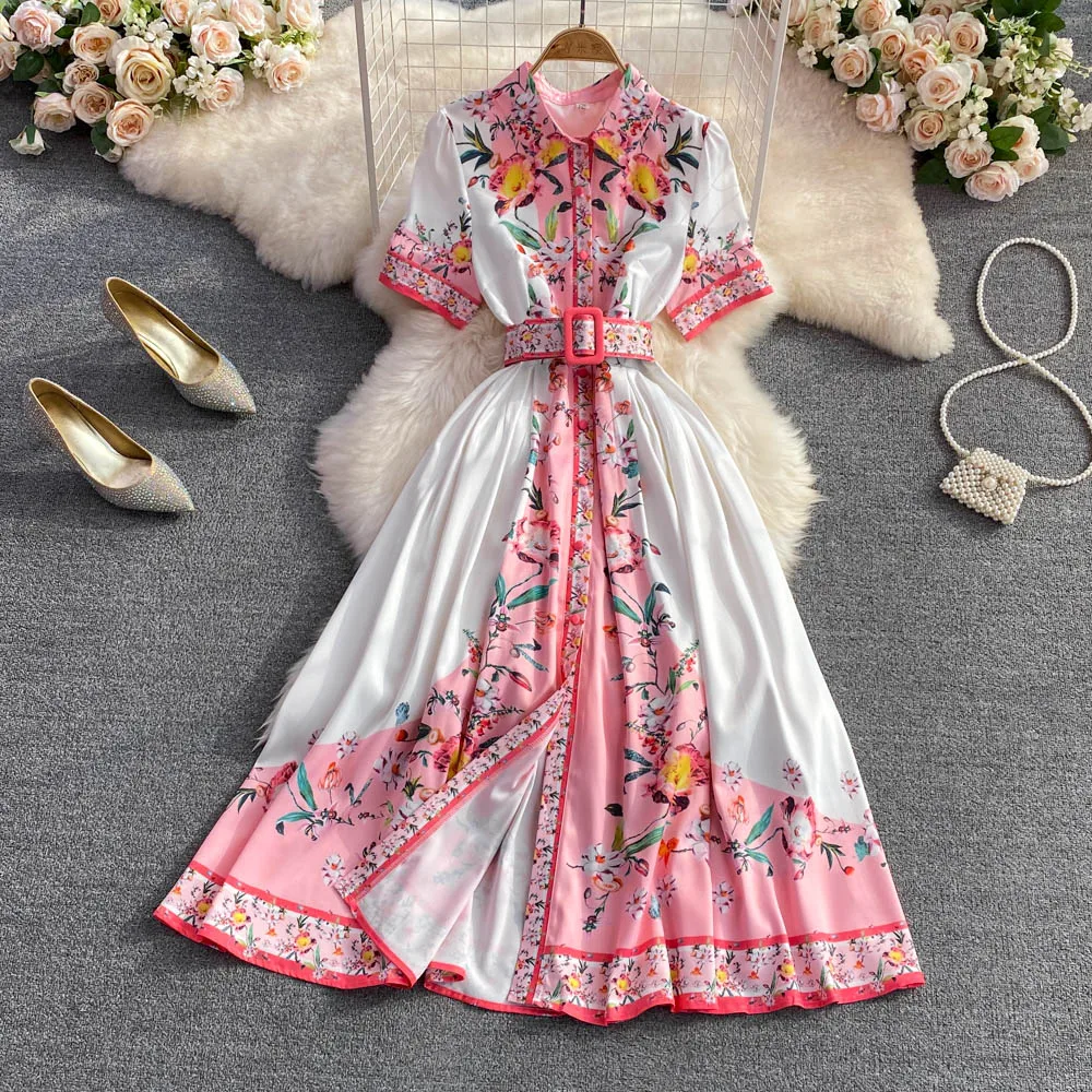 

Summer Australian Niche Catwalk Style Lapel Waist Single-breasted Printed A-line Dress Elegant Large Swing Long Dress