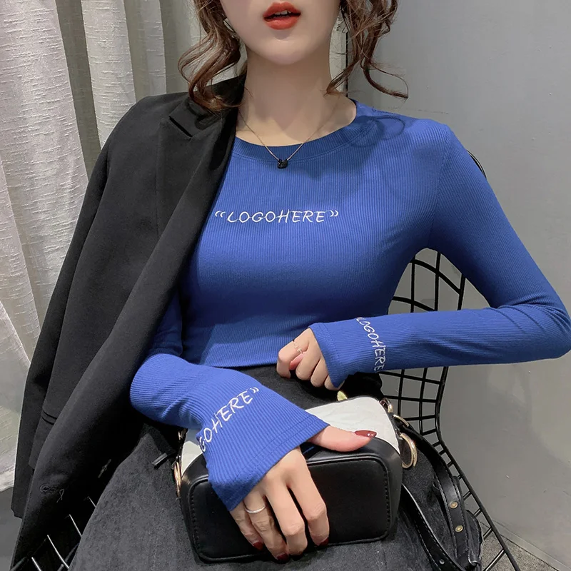 

Приталенная весенне-осенняя рубашка, новая хлопковая Футболка с вышивкой, футболка с круглым вырезом и длинными рукавами, Топ