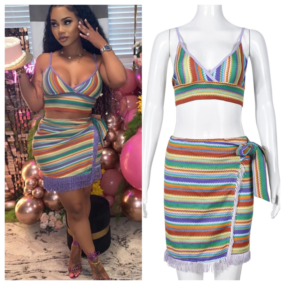 

Colorful Patchwork Knitted 2 Piece Skirts Sets Women Spaghetti Straps Bra Top Bandage Tassel Mini Skirt Club Birthday Party Suit