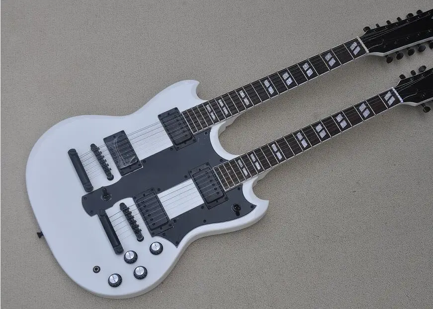 Заводская изготовленная на заказ Высококачественная электрическая гитара 12 струн + 6 струн с двойной шеей белая 1275 гитара Черная фурнитура 59