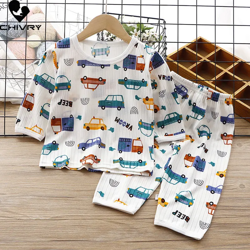 

Kids Summer Thin Pajamas New Boys Girls Cartoon Three-quarter Sleeve Ice Silk T-shirt Tops with Pants Baby Sleepwear Loungewear