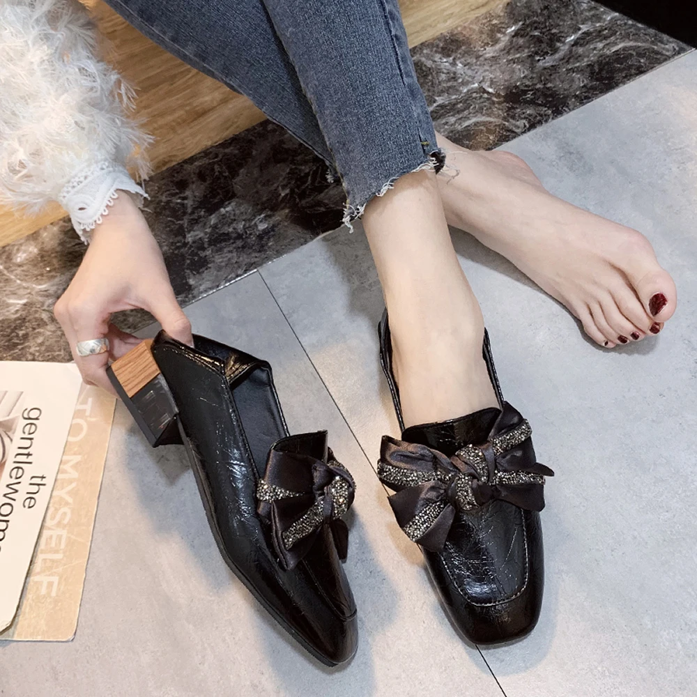 British style small leather shoes female 2023 spring bow thick heel square head single shoe women's middle heel two wear loafers