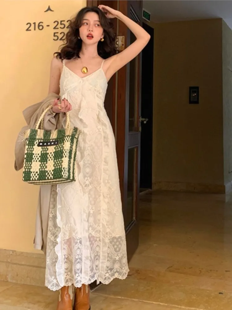 

Summer Lace Strap Women Dress French Elegant 2023 New Fashion Evening Party Lady Vestido Vintage A-line Dresses Female Clothes