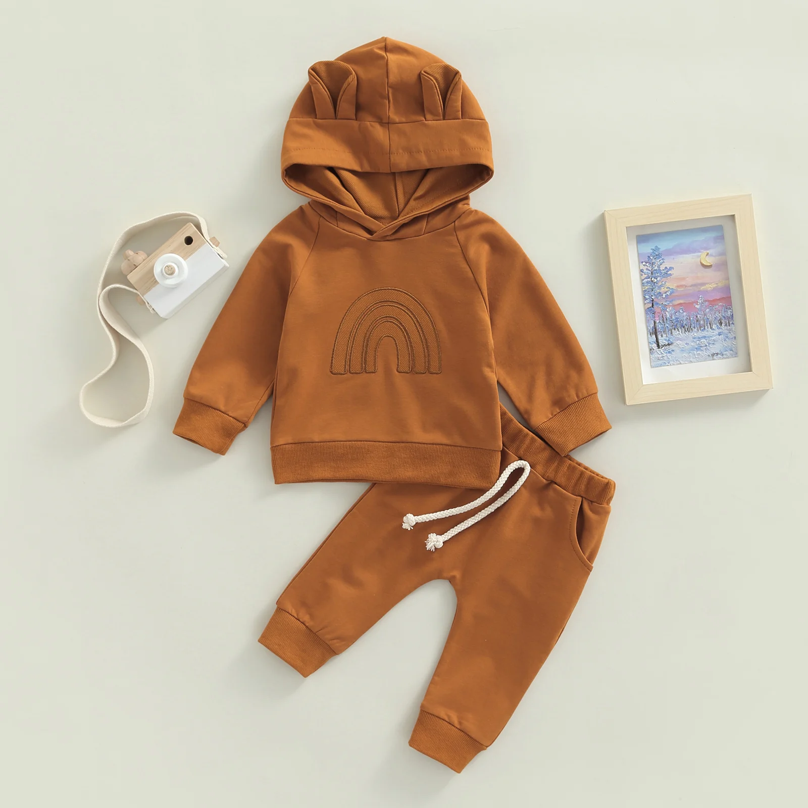 

Newborn Baby Long Pants Outfits Solid Color Long Sleeve Rainbow Pattern Hoodie + Elastic Waist Pants Set