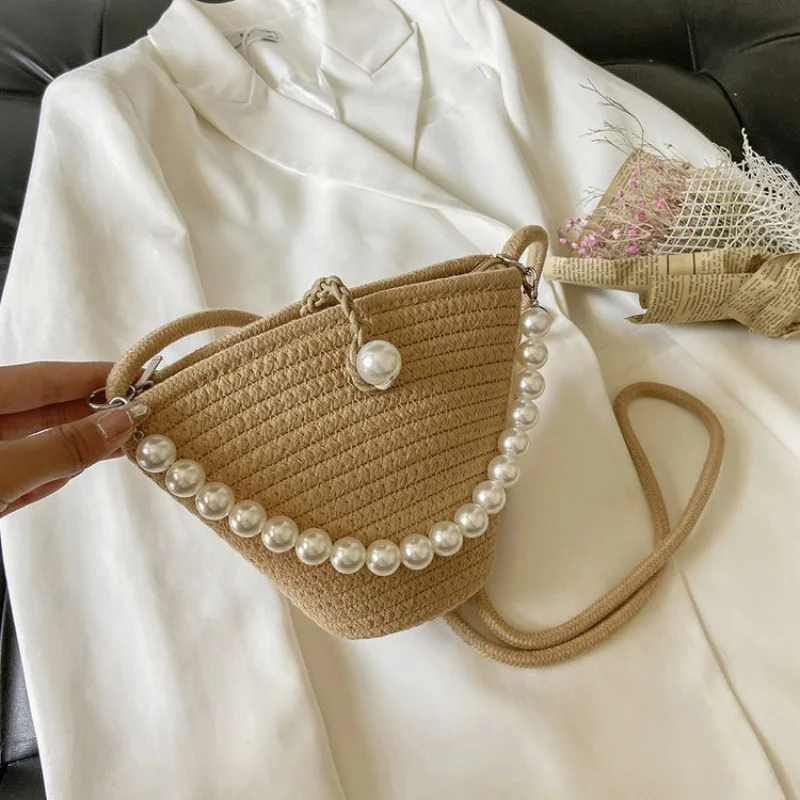 

Straw Bag Female Messenger Summer 2021 New Fashion Niche Net Red Pearl Portable Bucket Bag Rattan Single Shoulder Bag Bolsas