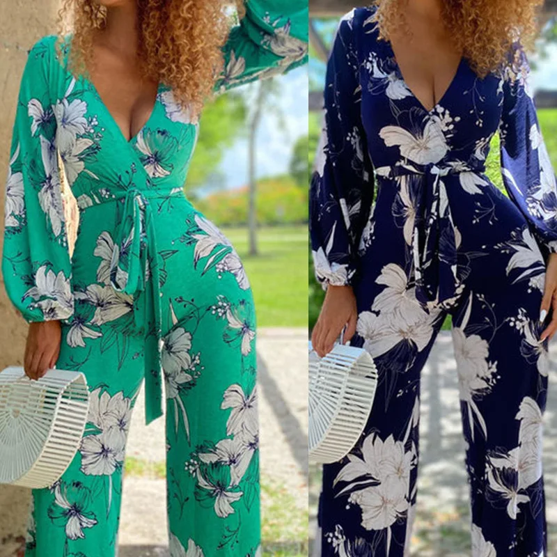 New Fashion Women's Casual Jumpsuit 2022 Autumn V-Neck Long Sleeve Loose Wide Leg Printed Jumpsuit