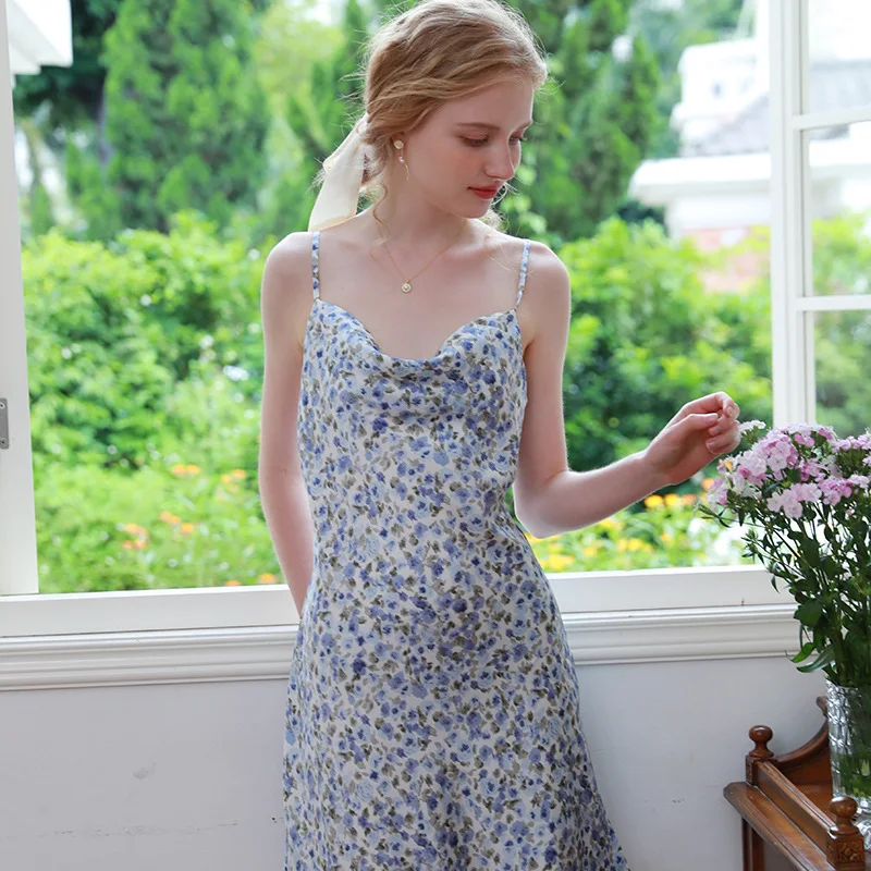 

New Arrival Sexy Spaghetti Strap Short Nightdress Summer Silk Sleeveless Floral Nightgowns Sweet Backless Knee-Length Nightie