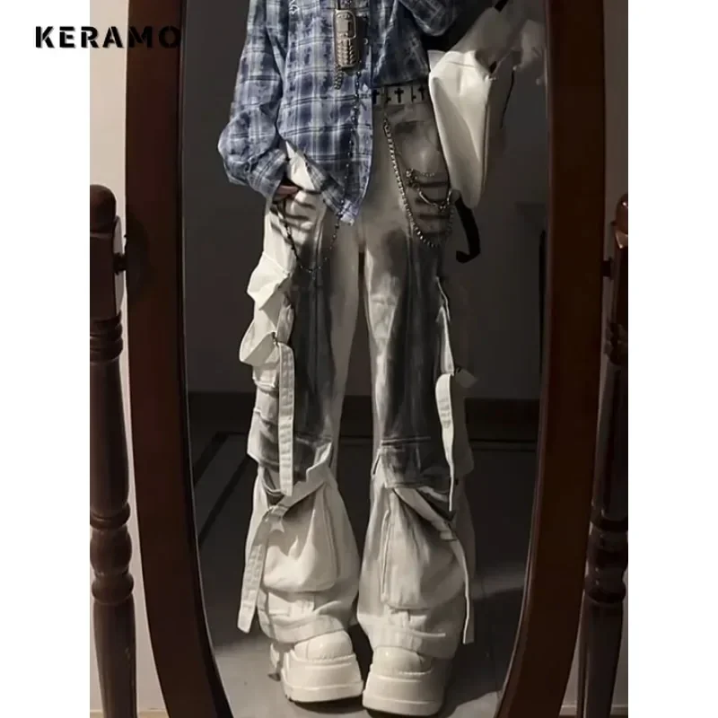 Ретро Высокая Талия Гранж Уличный Стиль Джинсы Карманы Хип-хоп Мешковатые