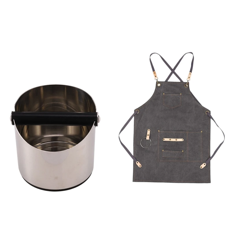 

1 Pcs Stainless Coffee Tamper Knock Box & 1 Pcs BBQ Canvas Apron Bib Chef Kitchen Apron-Dark Gray