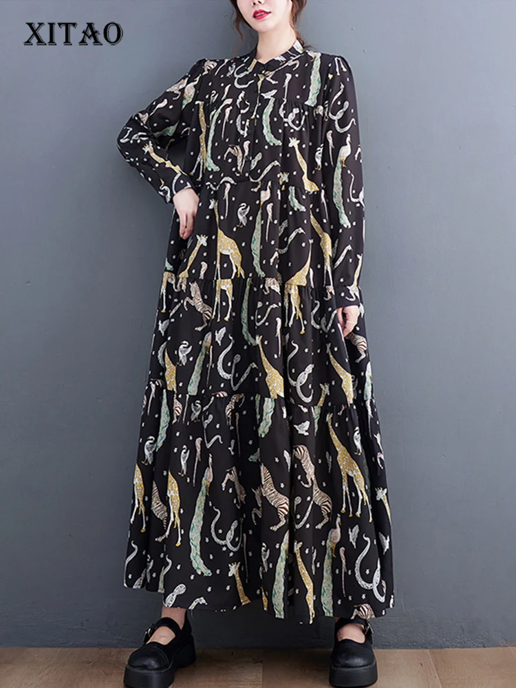 

XITAO Folds Print Stand Collar Dress Loose Appear Thin Fashion Temperament Women Autumn Simplicity Patchwork Dress DMJ2401
