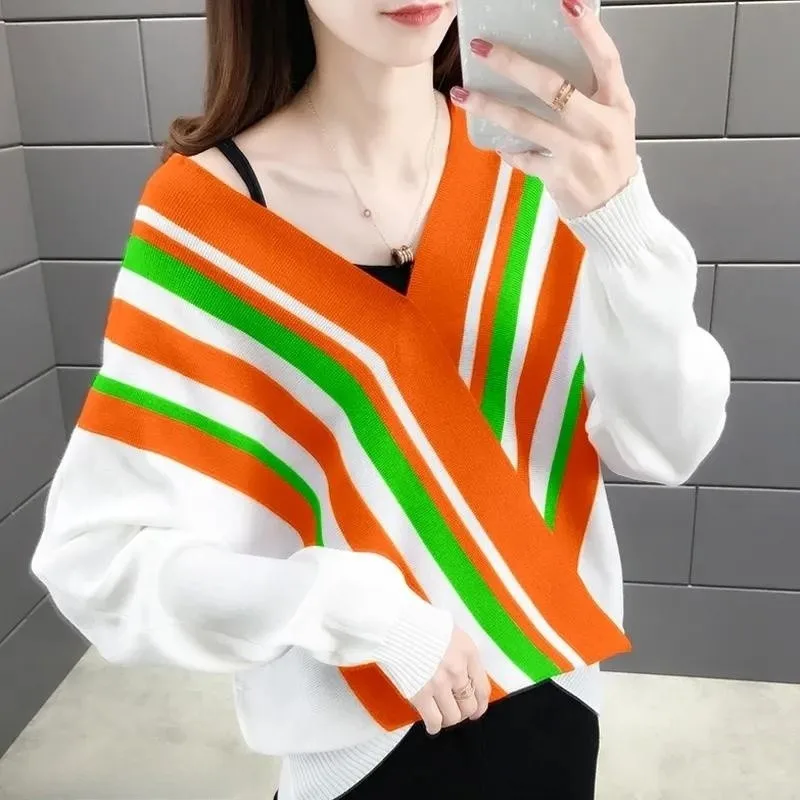 

V-Neck Ice Silk Knitwear Women's 2023 Spring Wear New Loose Stripe Thickening Pullovers Long Sleeve Sweater Femmino Jumper Tops
