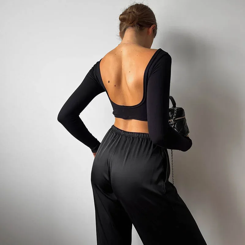 Осень 2024 новая сексуальная однотонная футболка с длинными рукавами и открытой