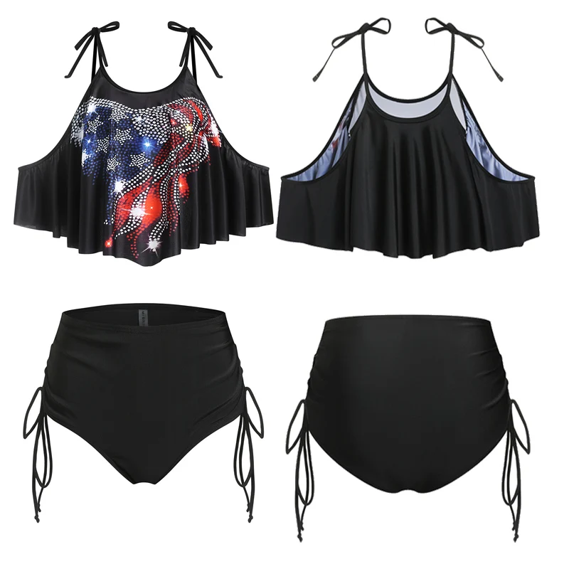 

Women's Cold Shoulder Two Piece Print Spathetti Strap Tie String High Waist Two Side Beside Drawing Swimwear Bikini Suit
