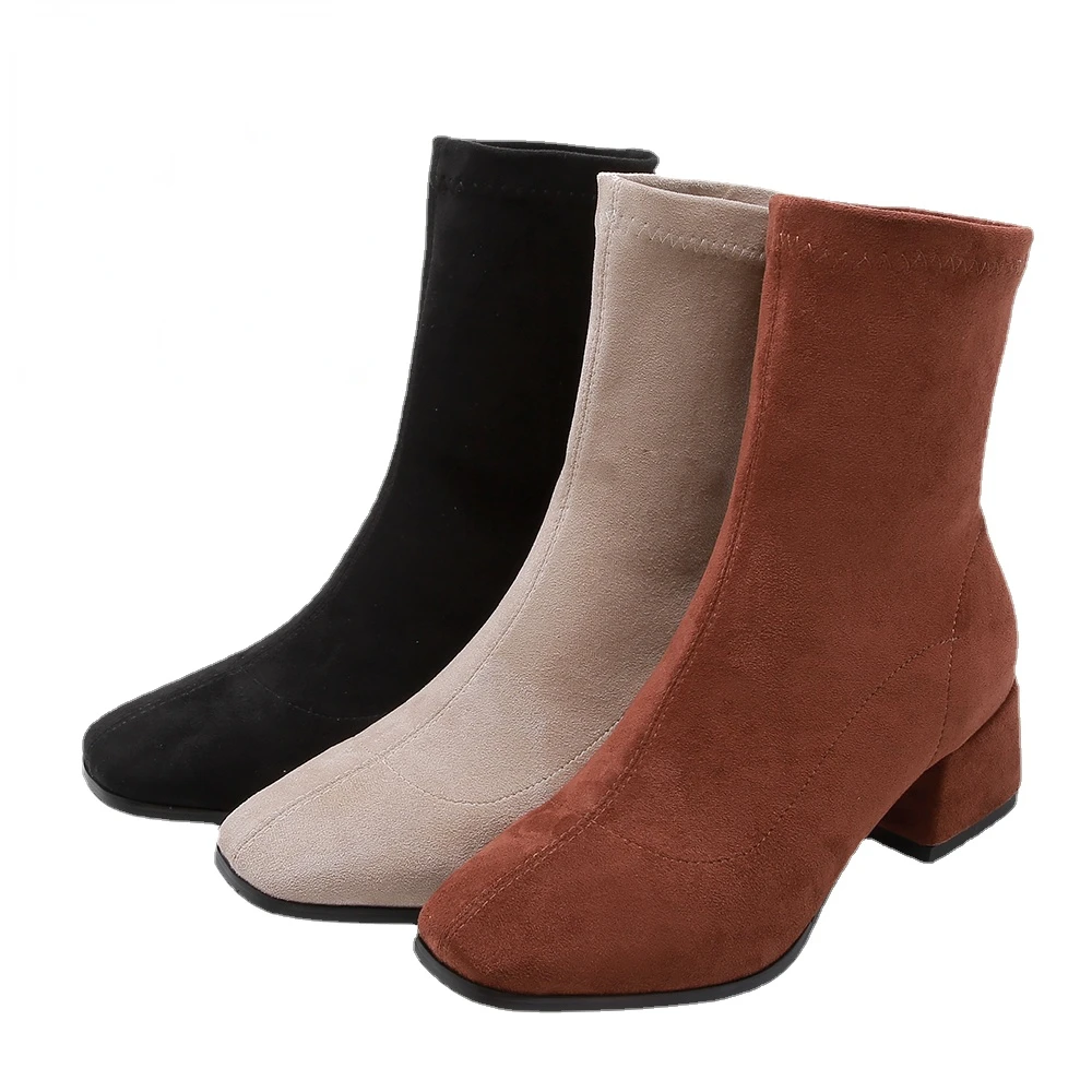 

Women Ankle Boots 2023Autumn Winter Slip-on Medium Heel Square-toe Flexible Flock Casual Bootie Ladies Shoes Big Size 42 43