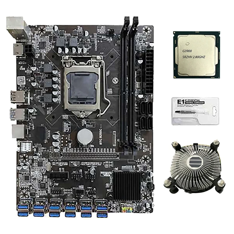 

B250C BTC Mining Motherboard With G3900 CPU+Cooling Fan 12 USB3.0 To PCI-E GPU Slot LGA1151 Support DDR4 DIMM SATA3.0