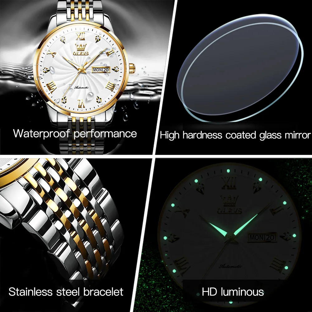 OLEVS 6630 Full-automatic Fashion Couple  Wristwatch Waterproof Automatic Mechanical Stainless Steel Strap Watches for Couple