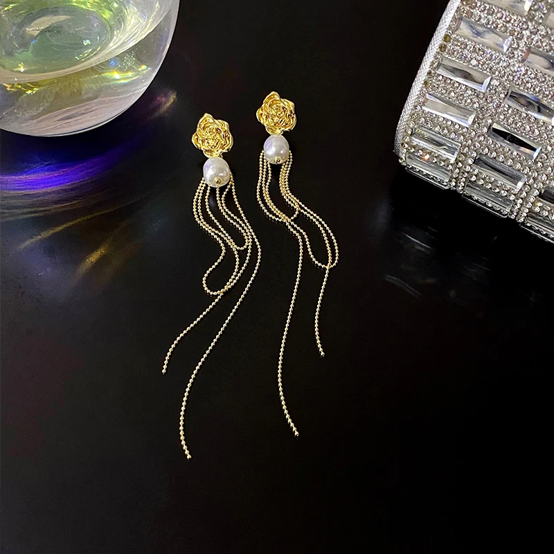 

Vintage Dangle Earrings Pearl Tassel For Women Girls Metal Chain Drop Jewelry Ladies Classic Fashion Gift Wedding Party