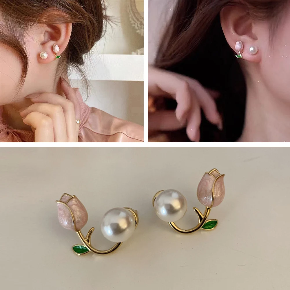 

2022 New Summer Fresh Pink Flowers Stud Earrings Contracted Fashion Elegant Fine Pearl Trend Women Earrings Jewelry