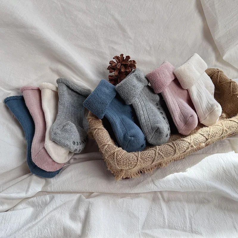 

Winter Thicken Warm Baby Socks Solid Color Baby Boys Girls Terry Sock Coral Fleece Non-slip 1-3Y Kids Socks Christmas Gifts