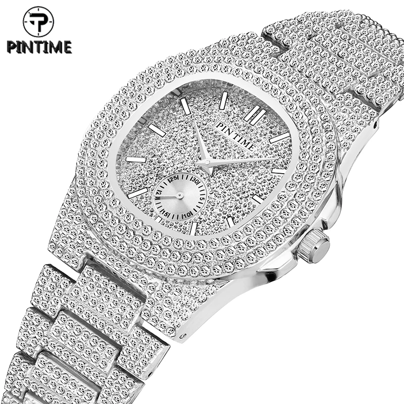 

PINTIME Quartz Watch Men Luxury Full Diamond Hip Hop Full Sliver Iced Out Watch Men's Wristwatch Clock Male zegarek meski montre