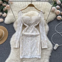 sexy womens tube top lace dress sweet slim fit temperament package hip dresses female hollow out sleeve dress party hot girls