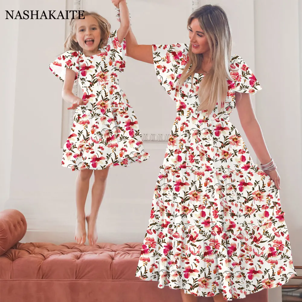 Mom and daughter Long Floral Dress family look Dad and Son flowers Print T-Shirt Mommy and me clothes matching family outfits