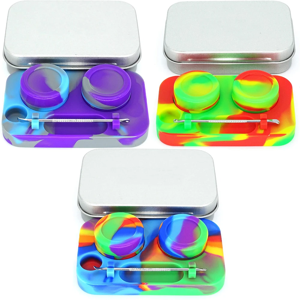 Portable Stainless Steel Tin Box 2-5ml Silicone Container Jars Non-stick Storage Wax Carrying Case with Stainless Steel Spoons