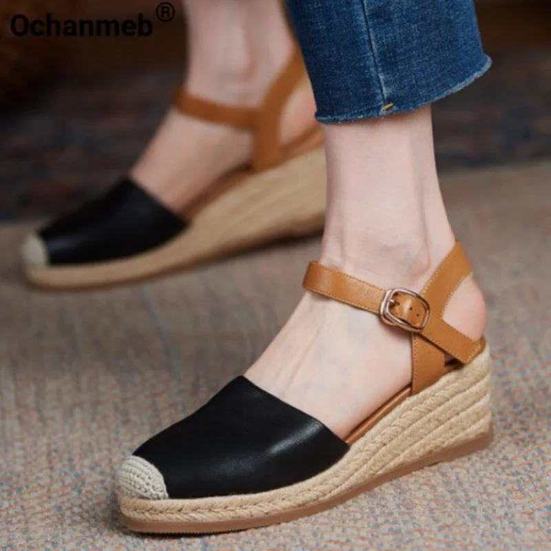 

Ochanmeb Genuine Leather Women Espadrilles Sandals Designer Wedges High Heels Mix Color Closed Toe Sandal Summer Woman Shoes New