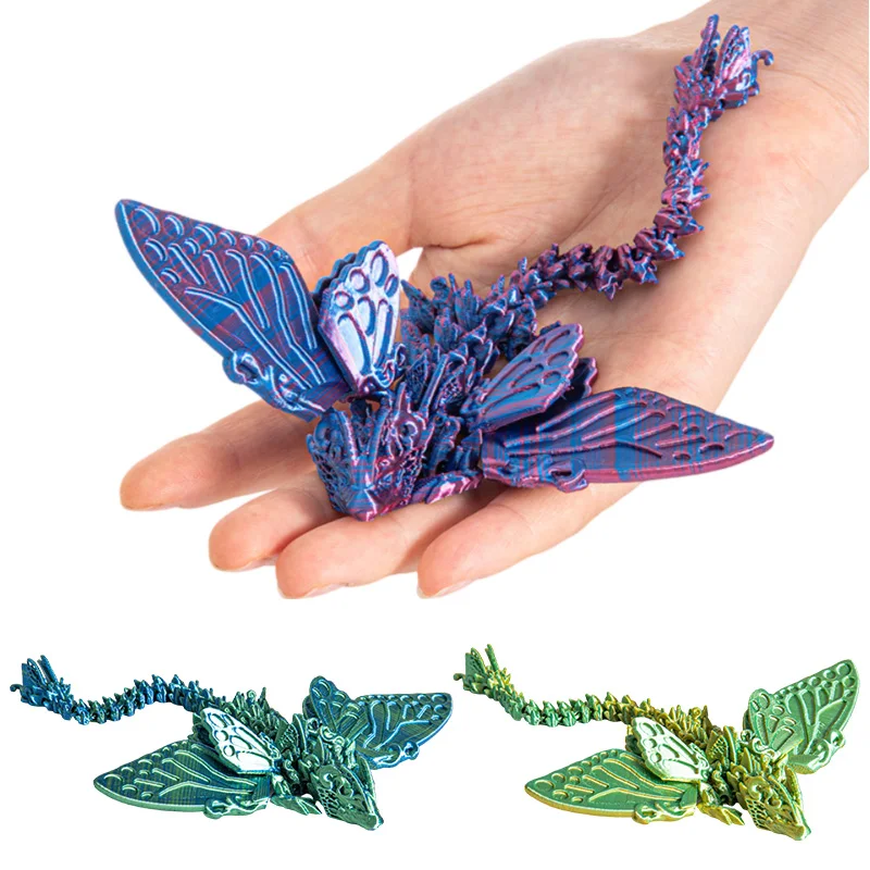 Гибкая Настольная игрушка с 3D-принтом дракона крыльями животными кристаллами