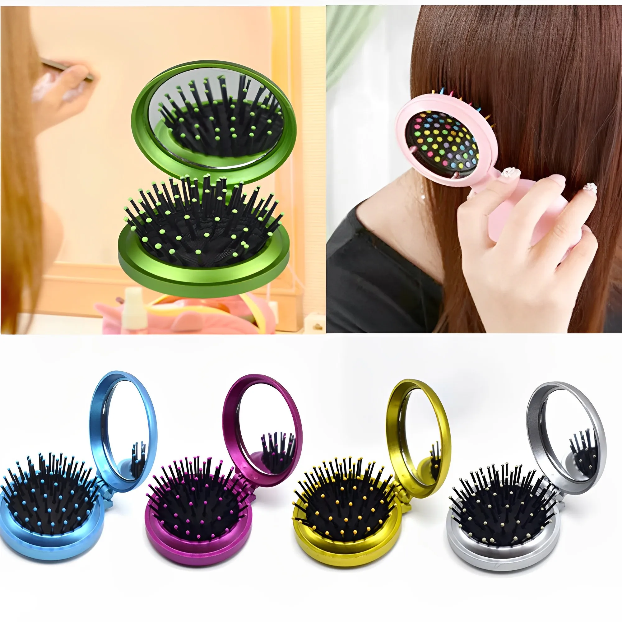 Makeup Comb Hair Brush Styling Tool Portable Mini Folding Comb Airbag Massage Round Travel Hair Brush with Mirror Styling
