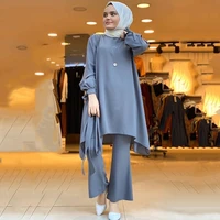 ramadan woman 2 piece abaya set dubai hijab muslim 2022 solid with belt eid outfit jilbab turkey for islamic arabic modest suit