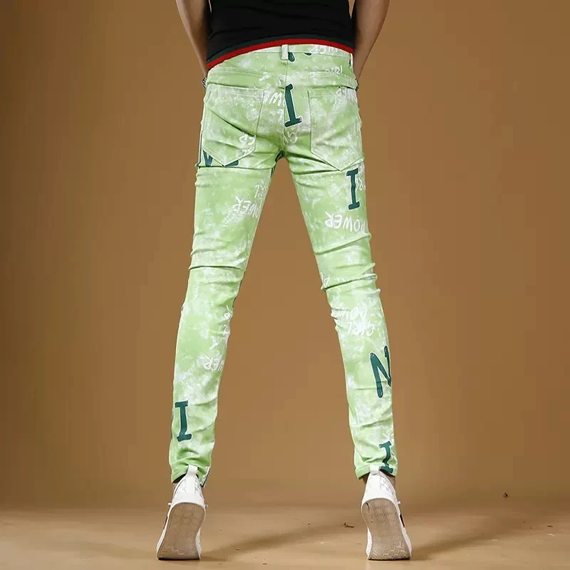 Summer Men Fashion Printed Green Jeans Streetwear Casual Slim Fit Straight Pants Korean Style Digital Printing Denim Trousers