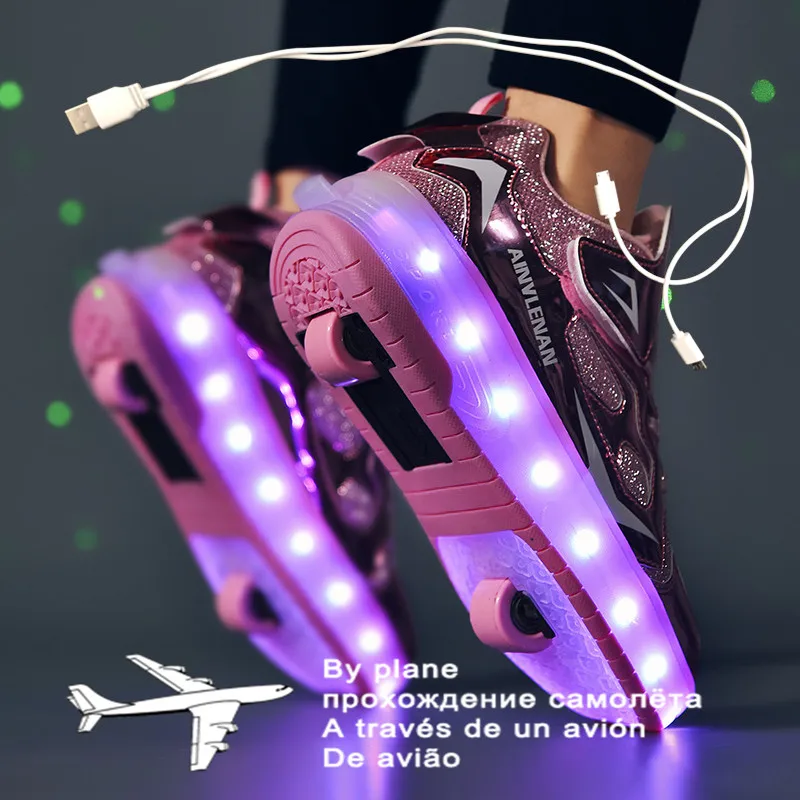 

2021 New 27-40 USB Charging Children Sneakers With 2 Wheels Girls Boys Led Shoes Kids Sneakers With Wheels Roller Skate Shoes