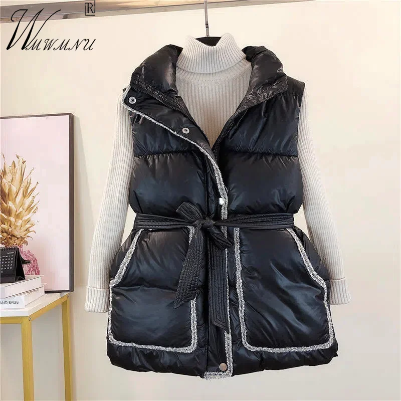 

Elegant Design Lace Up Winter Vest Women Patchwork Slim Sleeveless Cotton Jacket Fall Warm Padded Waistcoat Korean Fashion Parka