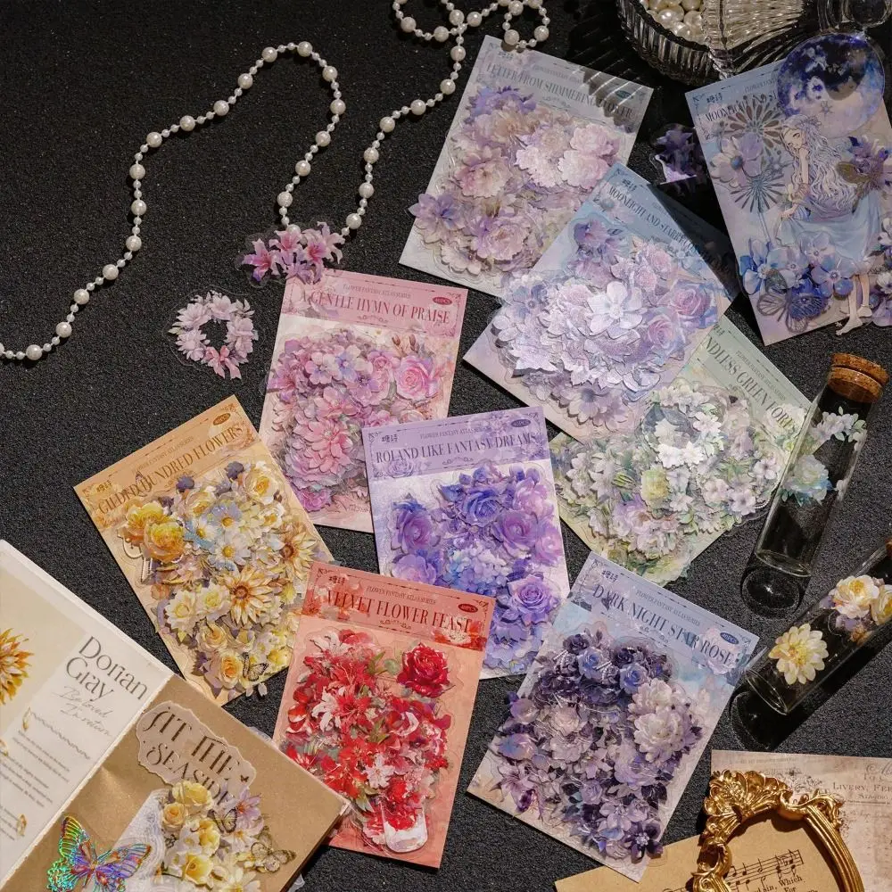 DIY Crafts Dreamy Garden Sticker Decorative Shiny Holographic Laser Handmade PET Flower Aesthetic Decals Goo Card