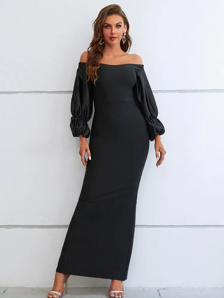 Designer Black Bandage Dress for Women Off Shoulder Latern Sleeve Ankle Length Long Daily Dresses High Street Going Out Gowns