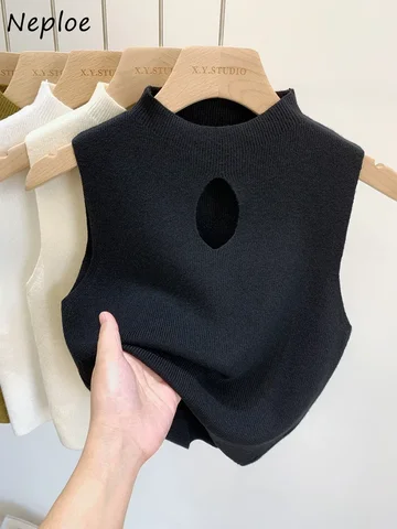Neploe вязаный пуловер с воротником-стойкой, однотонный жилет без рукавов, винтажные ажурные свитера, осенне-зимний трикотаж Mujer Pull Femme
