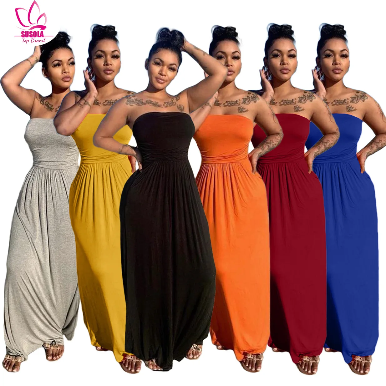 

SUSOLA 2022 Women Casual Strapless High Waist Loose Hem Maxi Dress For Streetwear Beach Sexy Summer Floor Length Long Dresses