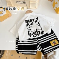 boys suit summer pure cotton 2022 new girl kids clothing striped middle pants summer baby boys two piece suit