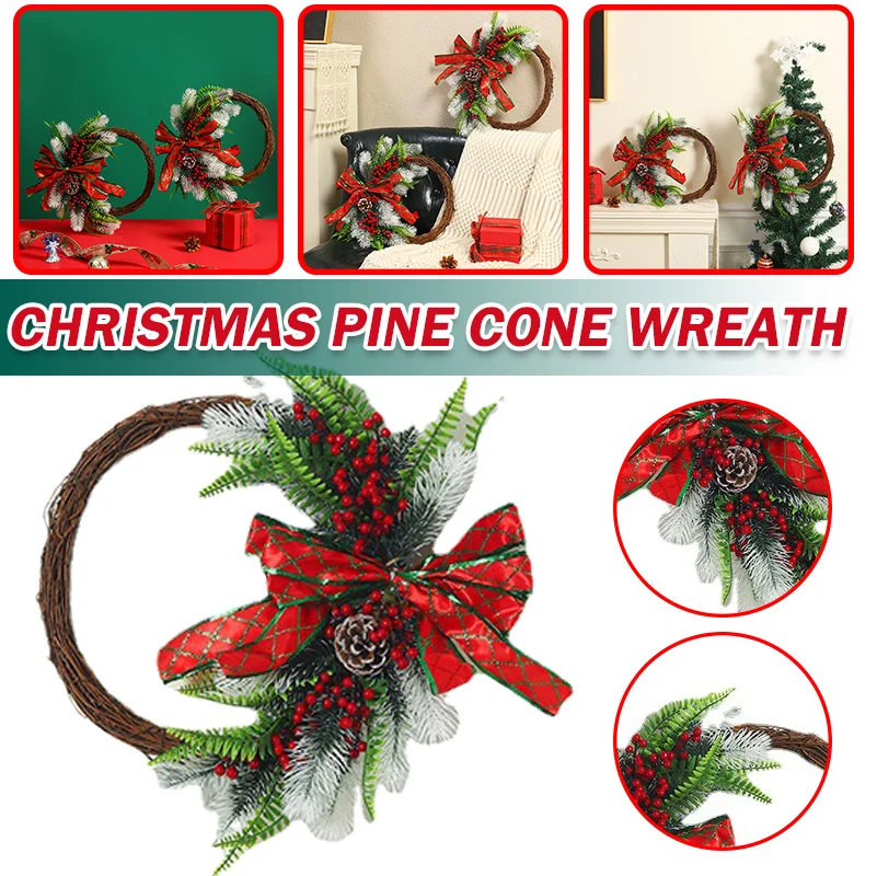 

1PC Artificial Christmas Wreath With Pine Cones Berry Bows For Front Door Wall Home Garland Decors Party Home Ornament