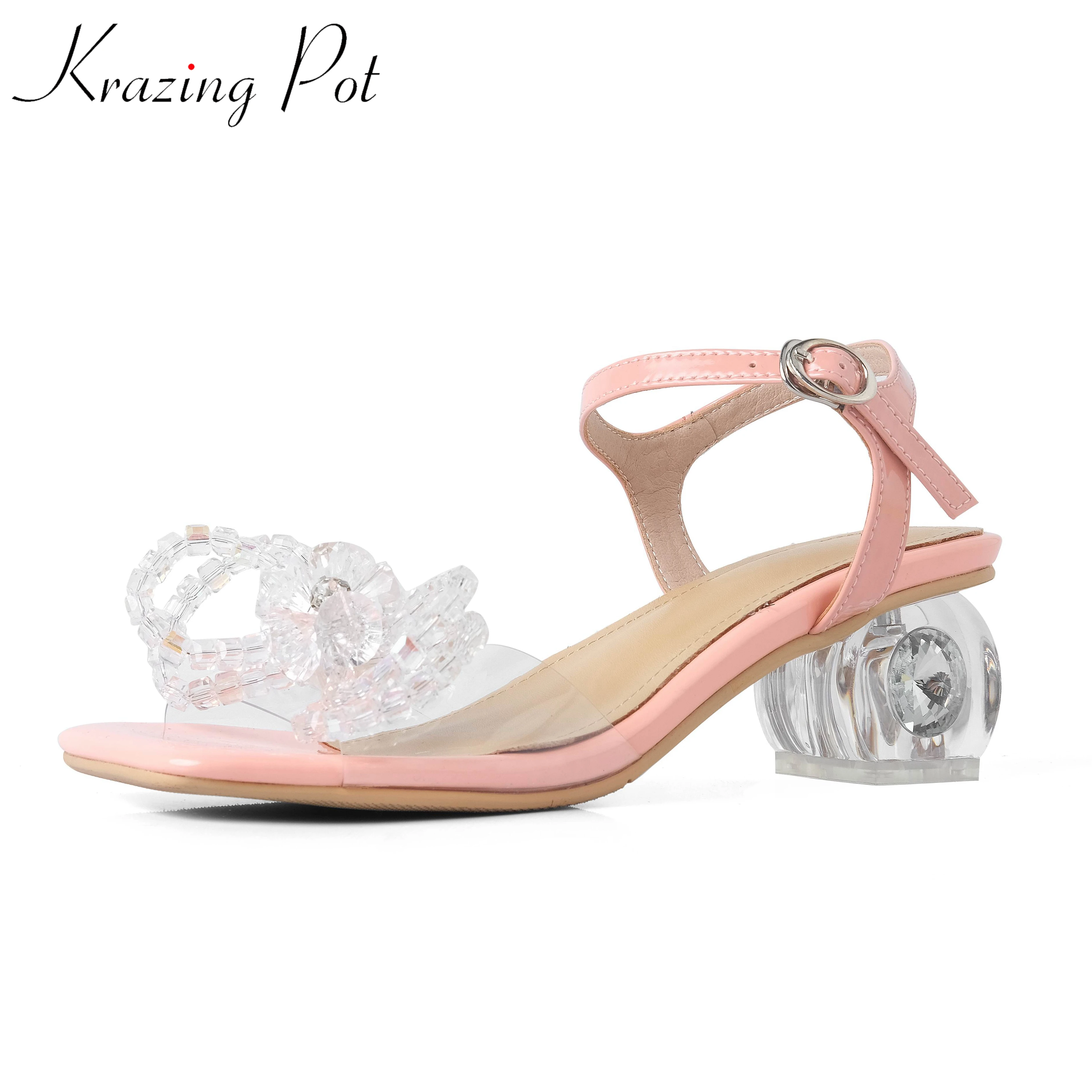 

Krazing Pot ins PVC plastic natural leather peep toe strange style thick high heels princess wedding summer art design sandals