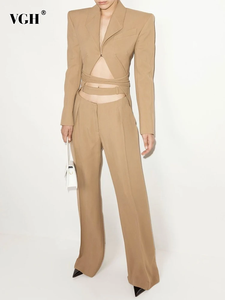 

VGH Spliced Lace Up Two Piece Set For Women Notched Collar Long Sleeve Blazer High Waist Hollow Out Pants Loose Sets Female New
