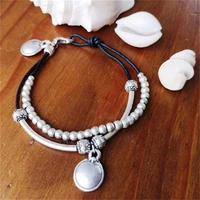 2022 new fashion women bohemian round pendant beads leather rope anklet women summer circle pendant double layer leather anklet
