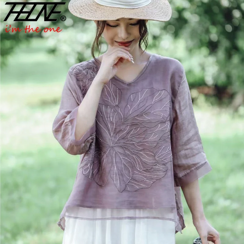 Женская одежда рубашки блузка летняя хлопчатобумажная Льняная блуза с вышивкой