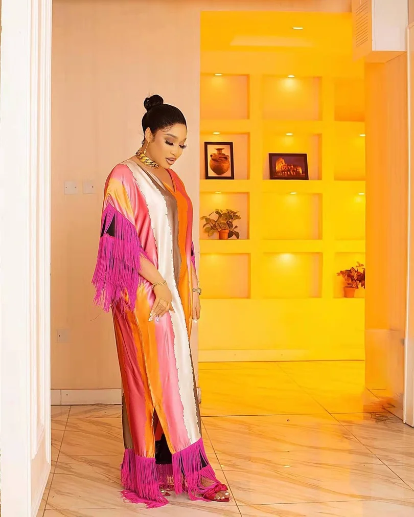 

Африканские модные платья-Макси Caftan для женщин 2022 с принтом кисточек Шелковый блоггер Рекомендуемые летние пляжные богемные кафтаны длинн...