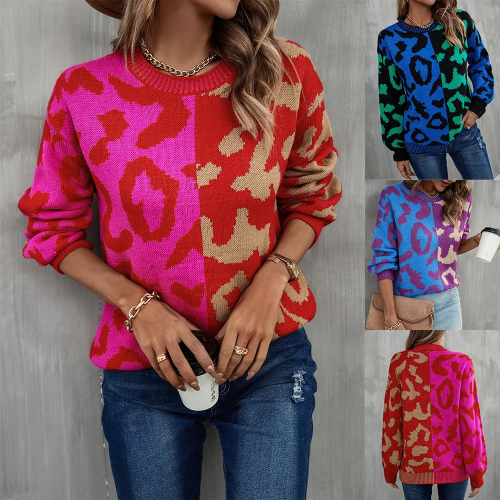 

2022 Autumn and Winter New Women's Sweater Leopard Print Stitching Mixed Knitted Sweater Pullover Sweater