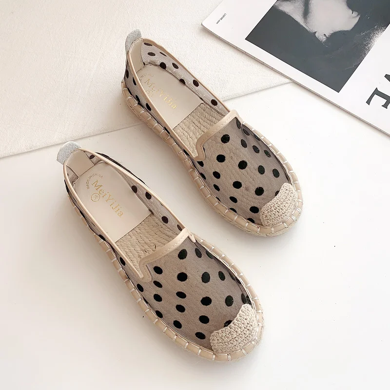 

summer breathable polka dot espadrilles women round toe air-mesh slip on loafers slides mules female cozy fisherman moccasins