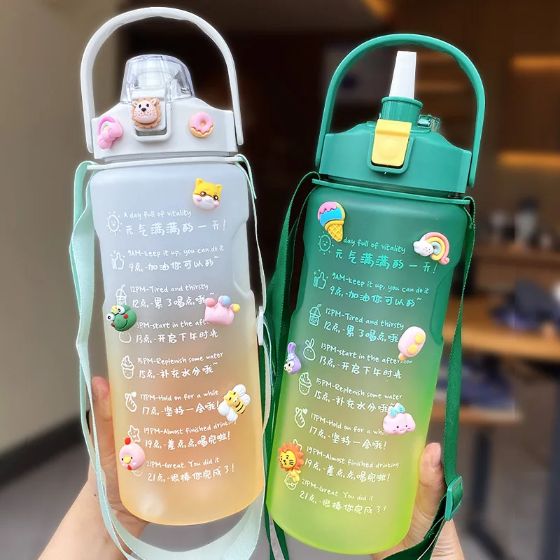 

Summer Outdoor Travel Cup Sports Gym Drinking Tumbler 1.5/2L Water Bottle With Time Marker Girl Fitness Jugs Large Capacity Mug