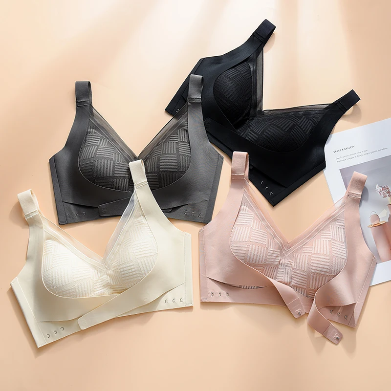 Asha&Vicki New Tea Polyphenols Seamless Underwear Front & Rear Breasted Correction Gathered Up Support Lace French Women Bra