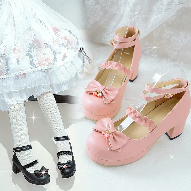 

YQBTDL 2022 Princess Lolita Girls Mary Janes Shoes Women Sweet Party Chunky Block Heels Strawberry Cosplay Wedding Pumps Pink